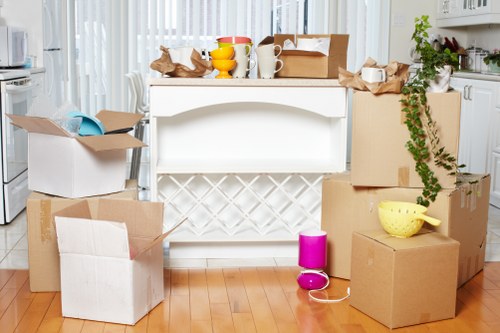 Packed office furniture and IT equipment prepared for relocation in Southkensington