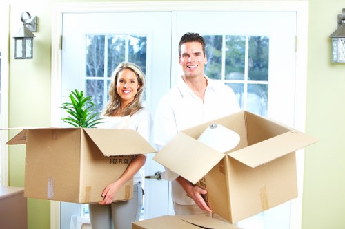 Packed boxes and furniture prepared for removal van transport in South Kensington
